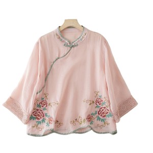 Traditional Chinese Embroidered Blouse Women's Pink Mid Sleeve With Floral Pattern And Stand Collar - Product Image 5