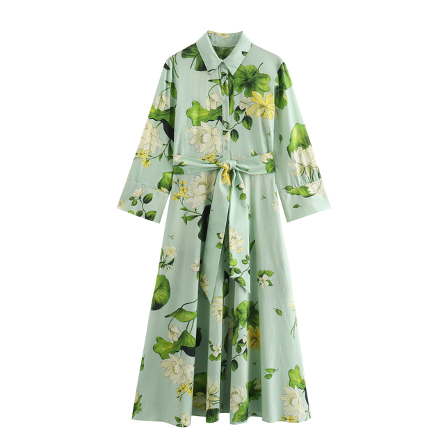 Floral Print Green Color Turn Down Collar Long Sleeve Buttons up Sashes Casual Fashion Ladies Long Shirt Dress