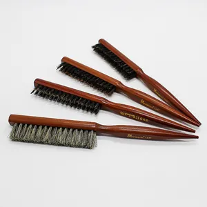Custom logo Barber Teasing Comb with Rat Tail Handle Wooden Boar and Nylon Bristle Teasing Hair Brush