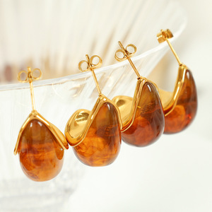 Teardrop Resin Gold Plated <b>Stud</b> Earrings Amber Color Zinc Alloy Fashion Jewelry for Women - Product Image 1