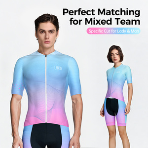 Ensemble de cyclisme personnalisé tendance dégradé rose et <span class=keywords><strong>bleu</strong></span> pour hommes et femmes, uniforme d'équipe respirant, maillot de vélo de route tendance, cuissardes, couleurs vives - Product Image 3