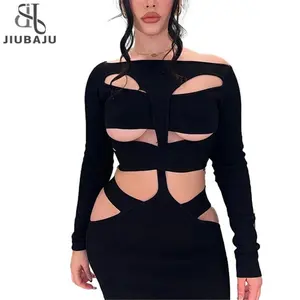 Düzensiz Hollow Out Mini elbise kadınlar seksi streç uzun kollu o-boyun sıska kadın katı kalça çözgü Bodycon kulübü elbise