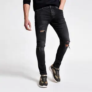 2019 nuovi Uomini di modo Distressed lavaggio Nero strappato skinny stretch denim jeans