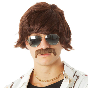 Perruque de Costume pour hommes 60s 70s perruques brunes courtes + moustache. Sonny Hippie 60s chanteur TV <span class=keywords><strong>Star</strong></span> détective costumes - Product Image 2
