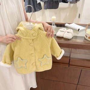 Girls Fleece <b>Lined</b> Winter <b>Coat</b> Hooded Thick Warm Cotton Outerwear With Star Design For Children - Product Image 2
