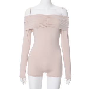 Neue Mode <span class=keywords><strong>Falll</strong></span> Off the Shoulder Sexy Hot Solid Plain Bodycon Skinny Bodycon Lady Langarm Kurz Stram pler Frauen Jumps uit - Product Image 3