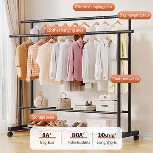 Perchero Metálico Móvil de Doble Barra de 120 cm con Estantes de Almacenamiento, Perchero para Ropa y Zapatos para Dormitorio o Balcón - Product Image 3