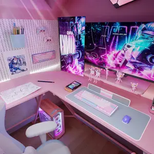 Mesa de jogos moderna em forma de L rosa textura de fibra de carbono com suporte de copo para monitor de fones de ouvido de 51 polegadas gancho para jogadores e usuários de computador