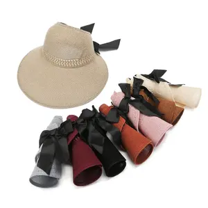 โบว์-Knot หมวกกันแดดของผู้หญิง,หมวกบังแดดผ้าโพลีเอสเตอร์พับได้ปีกใหญ่สำหรับใส่เดินชายหาดฤดูร้อน