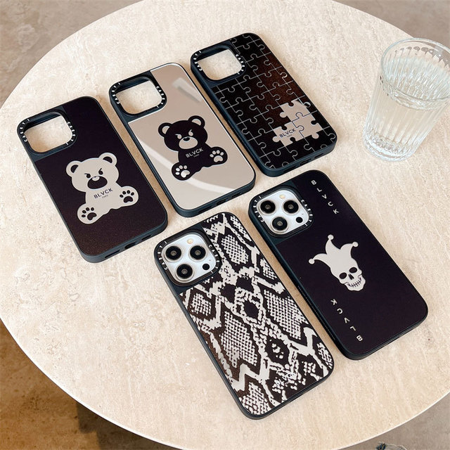 Creative Fashion Brand Jigsaw Puzzle Bear Snake Pattern Mirror Phone Case for iPhone 11 16 Pro Max Anti-Fall Anti-Graffiti