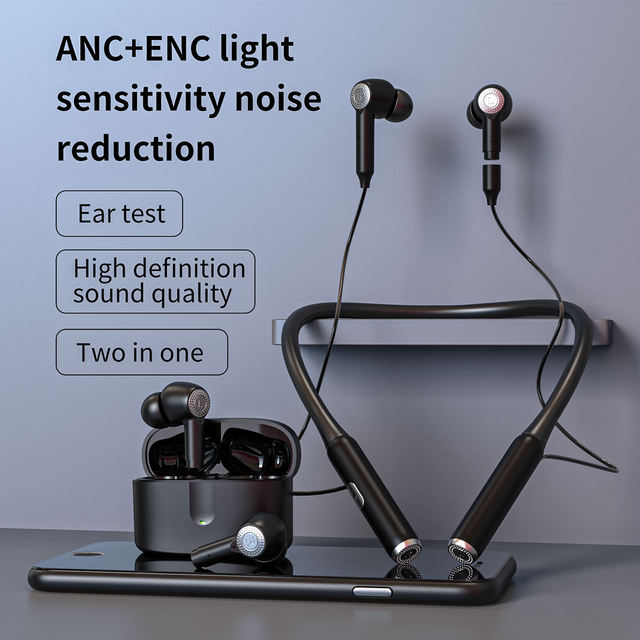 J9 2 in 1 Detachable Cable Neckband Bluetooth Earphone ANC ENC Noise Reduction Mic IPX6 TWS Wireless Earbuds for Tourism Camping