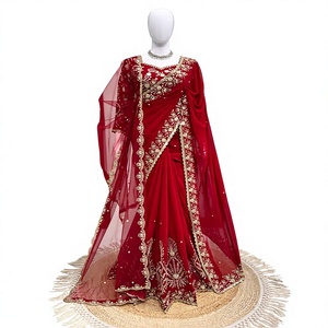 Elegant <b>Red</b> Embroidered Silk <b>Saree</b> With Dupatta Traditional Indian Wedding Wear Floor-Length Women's Dress - Product Image 1