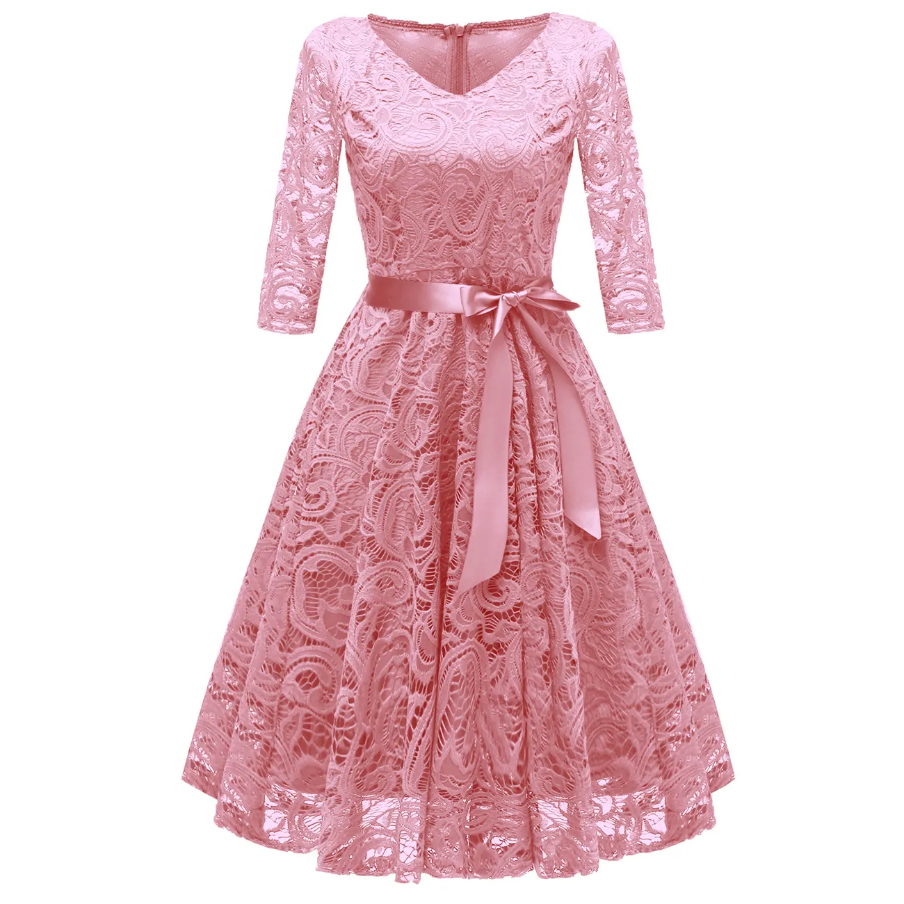 Pink 3/4 Sleeve Retro Summer Lace Feast Evening Party Dress for Women