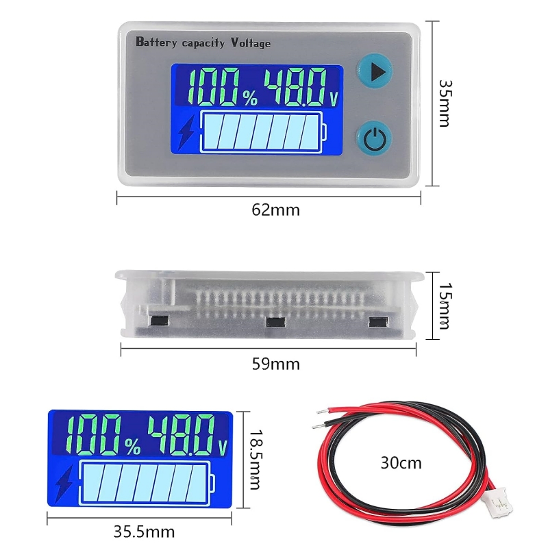 Battery Capacity Monitor 10-100V Gauge Meter Voltmeter With Temperature