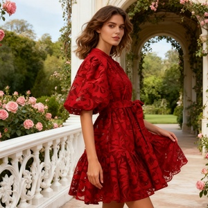 Nouvelle Robe Femme Rétro Imprimée à Boutonnage Simple, Taille Nouée, Manches Lanterne et Dentelle, Tendance - Product Image 1