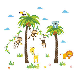 Groene Kokosnoot Boom Behang Cartoon Aap Leeuw Giraffe Stickers Tropische Plant Muurtattoo Voor Kid 'S Slaapkamer - Product Image 5
