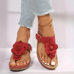 Sandales à enfiler à décor de fleurs chics-Couleur unie, string compensé léger-Chaussures d'été confortables pour un style <span class=keywords><strong>chic</strong></span> décontracté - Product Image 1