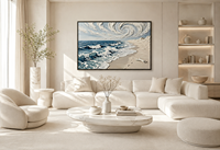 Tableau mural encadré style impasto, Paysage marin bleu-gris atmosphérique avec vagues océaniques, pour Hôtel en bord de mer, Magasin de surf et Café