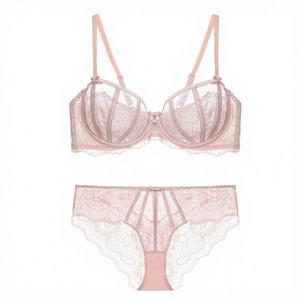 Soutien-gorge trois quarts en dentelle rose pour femme, style français, sans armatures, bretelles réglables, respirant, et culotte taille moyenne respirante - Product Image 4