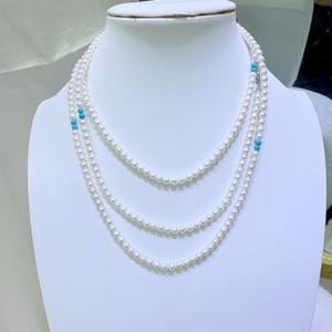 Collar de Perlas de Agua Dulce Naturales de Zhuji, 4-4.5mm, Redondas, Extremadamente Finas, Ligeramente Imperfectas, Aurora, Turquesa AK, 120cm de Largo - Product Image 1