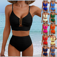 DOVEARK Custom Brand Logo Nieuwe Europese & Amerikaanse Bikini V-hals Cutout Hoge Taille Gestructureerde Geplooide Zwemkleding voor Vrouwen