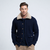 Veste en laine tricotée épaisse pour homme, cardigan d'hiver d'extérieur avec double fermeture éclair et boutons, et bordure en fausse fourrure