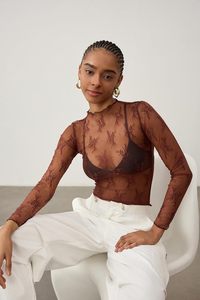 Camicetta da donna KTILG in rete a maniche lunghe con scollo rotondo, trasparente, sexy, in pizzo floreale, 100% nylon, solo lavaggio a mano, taglie dalla S alla XXL - Product Image 2