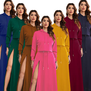 ชุด2ชิ้นสำหรับผู้หญิงเสื้อแขนยาวมีฮู้ดและกระโปรงสั้นแบบลำลอง - Product Image 1