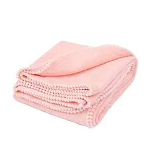Z430 Muslin Cotton Baby Crib Swaddling Blanket wth Pom Pom Breathable Gentle Skin Pink Color Baby Crib Blanket
