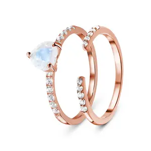 Jewelry Natural Gemstone Series 925 Sterling Sliver Blue Moonstone Rose Gold Wedding Band Heart Diamond Set Cc Shaped Ring