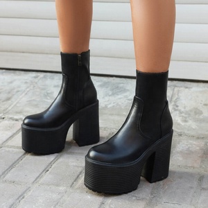 Side Zipper Women Thick Sole Short Boots Block Medium <b>Heels</b> Shoes <b>Round</b> <b>Toe</b> High Platform US Size 11 Pumps - Product Image 2