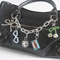 Chaîne en argent détachable avec 5 breloques (Noeud, Cœur, Cassette, Lunettes de soleil, Fleur), porte-clés esthétique punk pour sacs à main et voitures