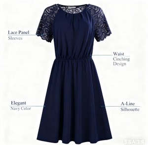 <span class=keywords><strong>Robe</strong></span> élégante pour femme, bleu <span class=keywords><strong>marine</strong></span>, col rond, manches courtes, taille à cordon, coupe ample, <span class=keywords><strong>mi</strong></span>-<span class=keywords><strong>longue</strong></span>, tendance - Product Image 6