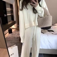Vente en gros de pulls à capuche et fermeture éclair à manches longues de couleur unie pour l'automne et l'hiver ensembles deux pièces cardigan et pantalons longs en tricot pour femmes