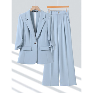 Women's Light Blue Suit Set Three Quarter Sleeve Blazer And Trousers Formal Workwear For Commute Spring Summer Autumn - Product Image 1