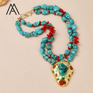 Collana Vintage Stile Bohémien <span class=keywords><strong>con</strong></span> Doppia Catena e Ciondolo in Turchese e Corallo Rosso, <span class=keywords><strong>Girocollo</strong></span> Placcato Oro <span class=keywords><strong>con</strong></span> Perline per Feste - Product Image 5