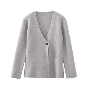 TAOP&ZA 2023 new autumn V-neck irregular light gray sweater long-sleeved one-button elegant casual knitted cardigan 5755113