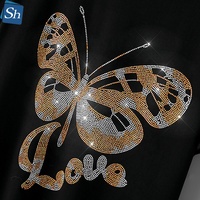 Transfert thermocollant en strass motif papillon d'amour, lettrage doré et argenté, pour T-shirt, sweat à capuche, mode féminine, vente en gros
