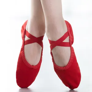 2023高品质耐磨透气红色成人儿童软底舞蹈鞋训练帆布芭蕾百褶鞋