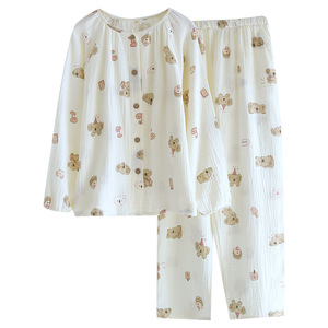 Nuovo <span class=keywords><strong>Pigiama</strong></span> da Donna in Puro Cotone Sottile a Doppio Strato, Traspirante, Primaverile e Autunnale, Cardigan con Stampa Cartoon Anti-invecchiamento - Product Image 5