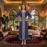 Robe Musulmane de Luxe Tendance 2026 Nouvelle Collection Dubaï Broderie Dorée Perles Élégante Robe Bleue Longue Abaya pour Femme