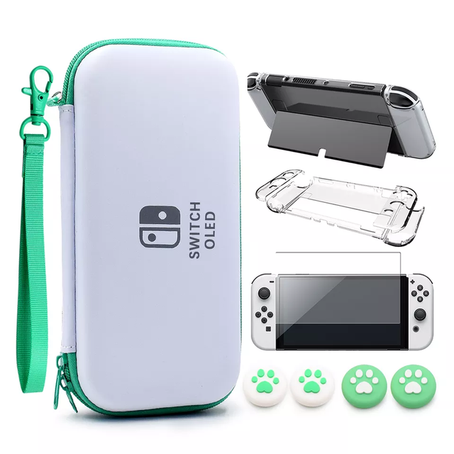 4 in 1 Accessory Kit for Nintendo Switch Oled Protective Storage Carrying Bag Clear Hard Case Screen Protector Thumb Grips