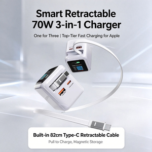 70W GaN Schnellladegerät mit 3 Anschlüssen und Einziehbarem Typ-C-Kabel PD QC3.0 Multi-Port USB-Ladegerät für Laptop, Handy und Tablet - Product Image 3