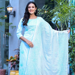 Conjunto de Kurta y Pantalón de Verano para Mujer, Diseño Bordado, Algodón, Cuello Redondo, Largo hasta la Rodilla, con Dupatta y Pantalón - Product Image 1