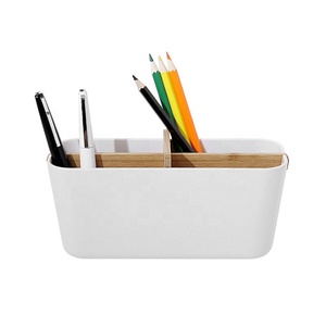 Multi purpose office supplies stationary bamboo wood desk pen pencil storage organizer holder with dividers