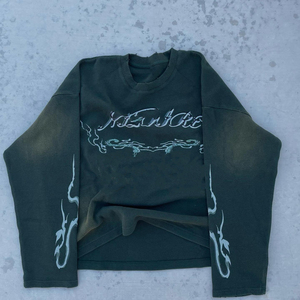 เสื้อยืดโอเวอร์ไซส์พิมพ์ลายดิจิทัลแบบกำหนดเอง สีเขียวเข้มสไตล์วินเทจ แขนยาว ผ้าวาฟเฟิล สำหรับผู้ชาย - Product Image 1