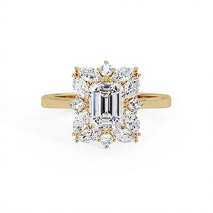 Anillo de compromiso personalizado de oro amarillo de 14 quilates con diamantes de corte esmeralda y halo floral, con piedras decorativas marquesa y redondas. - Product Image 5