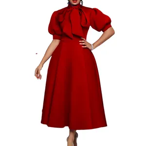 Fat Ladies Gentlewoman Bow-tie Yuan Solid Color Banquet Elegant Skirt Short Sleeve Over Size Women's Summer Dresses Wholesale