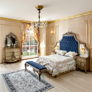 Muebles de dormitorio de diseño elegante de lujo, cama tamaño king con cabecero tapizado en azul y banco a juego, suite de dormitorio premium, EE. UU. - Product Image 1