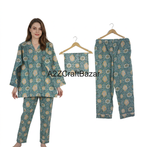 Ensemble de pyjama en coton imprimé numérique floral élégant pour femmes indiennes, avec logo frontal fait main, taille élastique, manches longues douces - Product Image 1